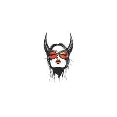 Naklejka premium Hand drawn ink sketch of a beautiful woman with devil horns wearing red sunglasses, isolated vector illustration on white background.