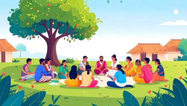 National Panchayati Raj Day Concept with Village People Meeting Under Tree Vector Illustration
