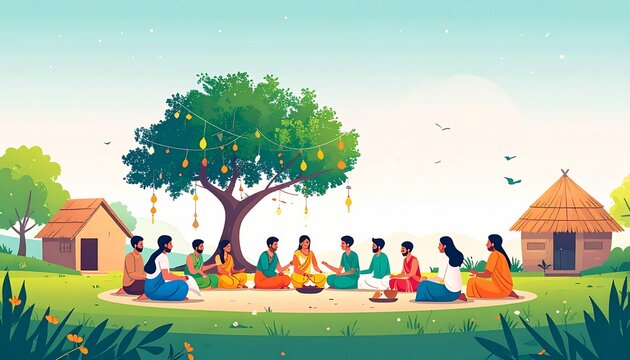 National Panchayati Raj Day Concept with Village People Meeting Under Tree Vector Illustration