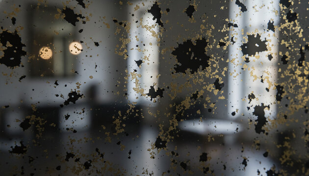 Antique foxed mercury mirror glass texture with black and gold oxidation spots