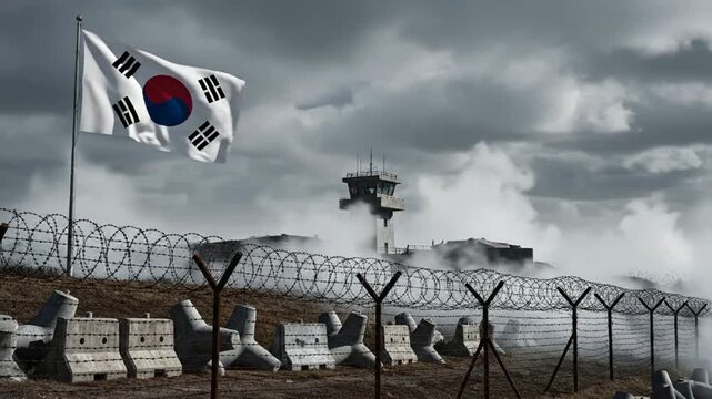 South korean flag waving at border military watchtower with barbed wire fence and concrete barriers in tense atmosphere