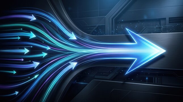 Flowing arrows converging into one unified direction, sleek abstract composition, cool gradients, crisp shadows and a powerful atmosphere of alignment, momentum, and strategic success,