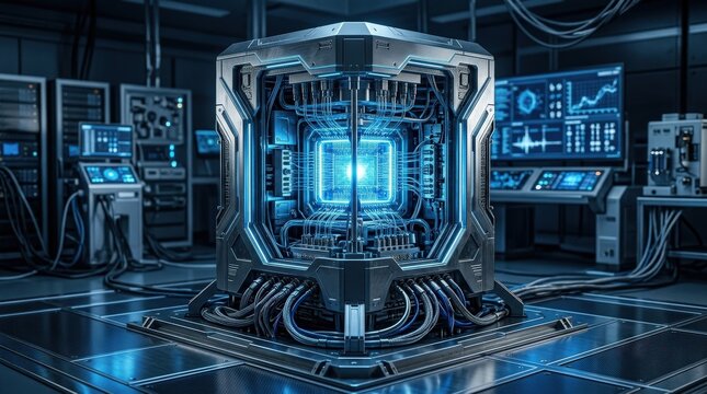 A futuristic glowing quantum computer unit, sleek metallic surfaces, luminous cores, cool blue light, intricate details and a cutting-edge atmosphere of advanced technology, ultra-realistic, no logos.