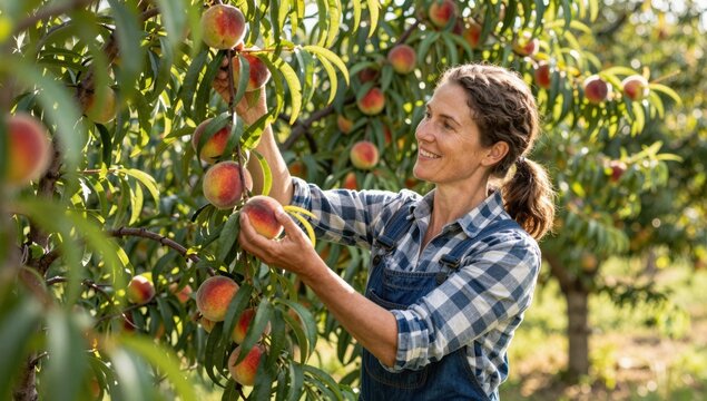 Woman Harvesting Fresh Peaches in Orchard on Sunny Day