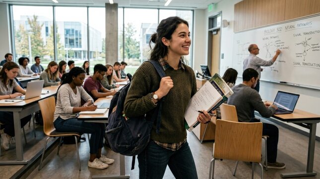A student character in a modern academic setting, backpack and books, bright classroom tones, youthful determination and curious energy, ultra-realistic, no logos.