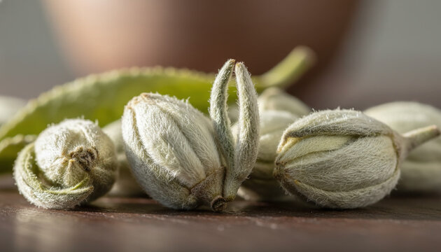 Premium Silver Needle white tea buds covered in fine white downy hairs macro
