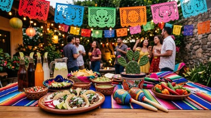 Fototapeta premium A festive Mexican party arrangement with papel picado, maracas, tacos, chili peppers, cactus accents, and bright textiles, vibrant colors and joyful celebratory atmosphere, ultra-realistic, no logos.