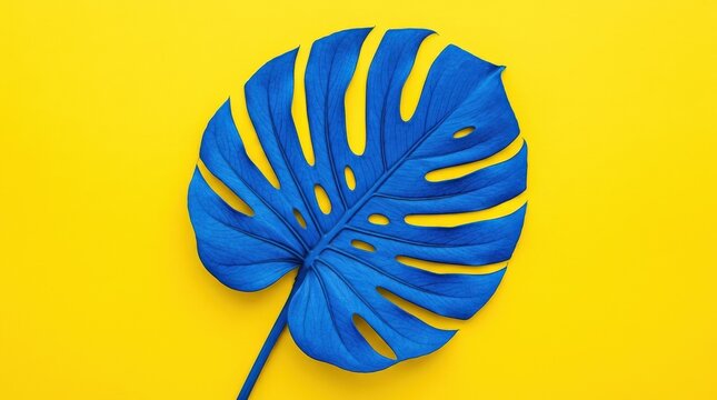 A vibrant blue leaf on a bright yellow background, bold color contrast and modern pop-art botanical styling with graphic clarity, ultra-realistic, no logos.