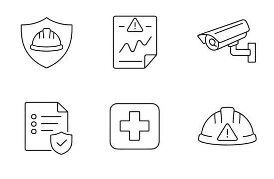 Workplace safety icons showing shield document camera checklist medical cross and hard hat in simple line style