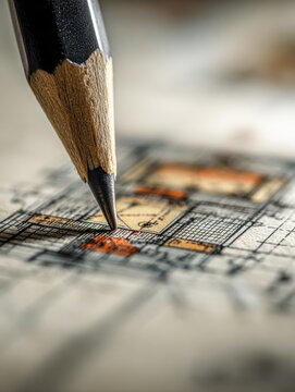 Detailed sharpened pencil poised over architectural blueprint highlighting intricate design elements and color-coded sections for creative planning process