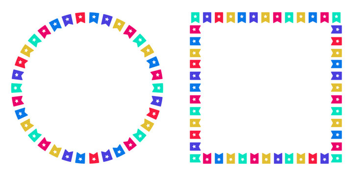 Vibrant collection of circular and square bunting flag frames featuring star patterns. Perfect for birthday parties, festivals, and celebratory invitation designs on a clean white background.