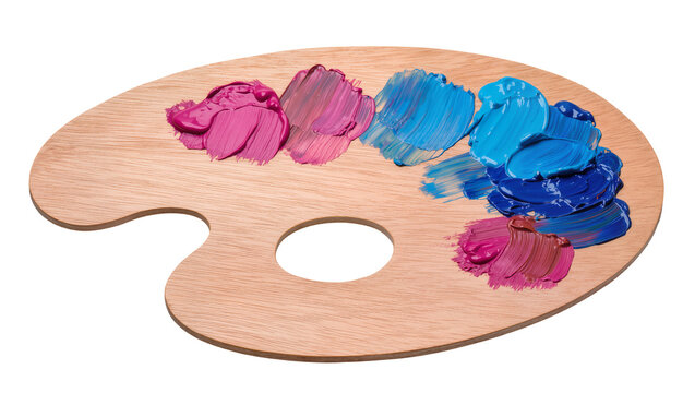 Wooden artist palette with thick oil paint strokes in pink and blue, isolated on transparent background