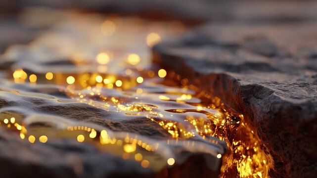 A golden liquid travels over rocky surfaces in a natural setting. Light reflects off the liquid, creating contrasts with the stone textures. The scene captures simple beauty in nature.