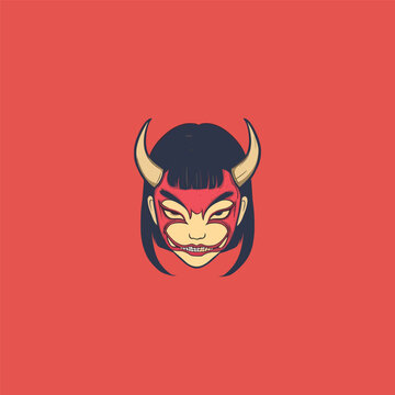 Hand drawn illustration of a female oni or horned demon character head wearing a red traditional mask, vintage engraved style vector art.