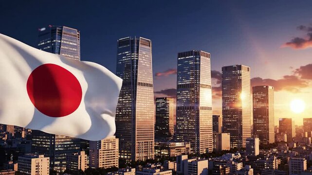Japanese flag waving over modern tokyo city skyline at sunset, cinematic urban business background