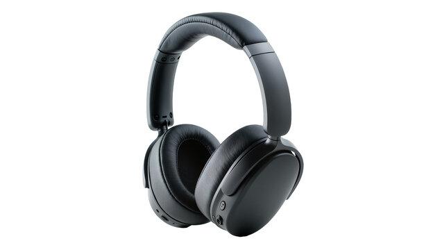Black over-ear headphones with padded earcups and adjustable headband, isolated on transparent background
