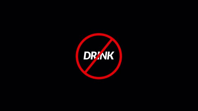 red prohibition symbol over the word &ldquo;drink,&rdquo; conveying no drinking or alcohol restriction sign in transparent background in 4k animation with alpha channel 