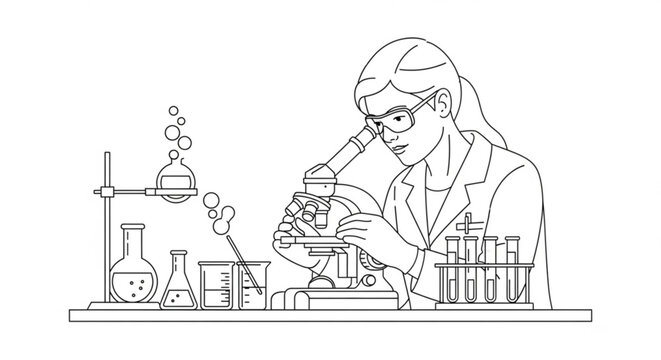 Scientist researching with microscope in laboratory with test tubes and beakers test tube scientist microscope laboratory research experiment analysis glassware chemical chemistry medicine