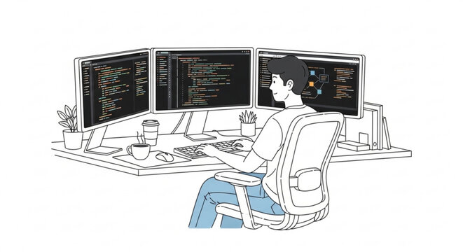 Programmer working on computer with multiple monitors displaying code programmer computer software developer technology keyboard business internet programming information application