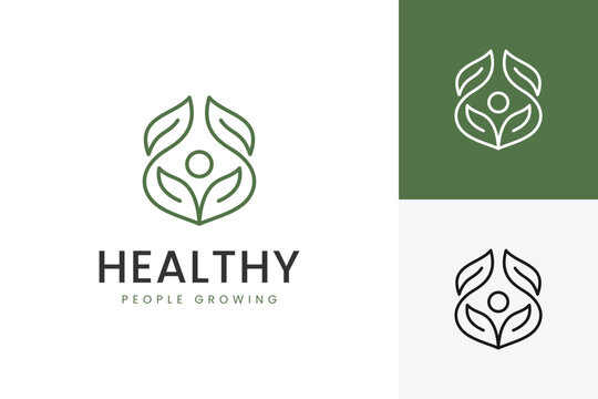 Healthy Wellness Logo with Leaf Human Growth Concept for Healthcare and Eco Lifestyle Branding
