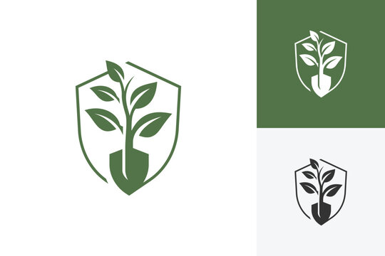 Eco Agriculture Logo with Plant and Shovel Shield Concept for Farming and Organic Business Branding