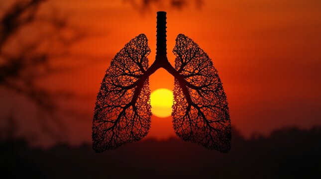 human lungs formed by tree branches silhouetted against a vivid sunset sky