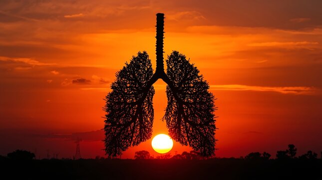 Tree-shaped lungs at sunset, symbolizing nature, breath, and sustainability.