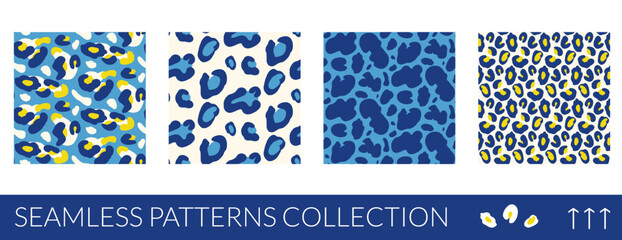 Animal spot seamless pattern with leopard rosette in blue and yellow. Bold summer animalistic print with retro on mediterranean backdrop. Flat vector collection of cheetah skin motifs for apparel. © Syuzann q