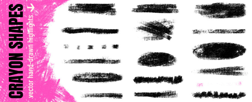 Charcoal brushstroke highlight and underline shapes in black. Crayon kid line strokes with rough brush pencil marks. Hand drawn vector charcoal set with brush stroke oval elements isolated on white.