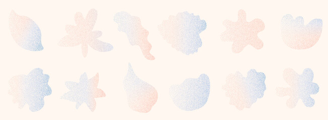 Grain textured flower and leaves gradient shapes. Gentle florals set with soft blur pastel gradation. Organic noise trendy icons for y2k design. Vector grainy wildflowers isolated on beige background. © Syuzann q
