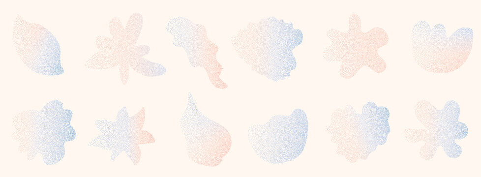 Grain textured flower and leaves gradient shapes. Gentle florals set with soft blur pastel gradation. Organic noise trendy icons for y2k design. Vector grainy wildflowers isolated on beige background.