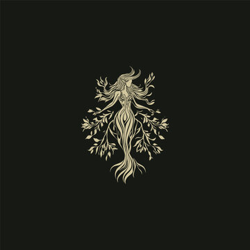 Hand drawn elegant line art illustration of a nature goddess, female figure morphing into tree roots and branches with leaves, vintage engraving style vector logo design.