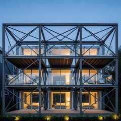 Naklejka premium Modern industrial-chic three-story steel-framed building with glass walls and balconies at dusk.