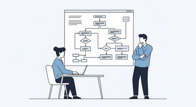 Two people reviewing a complex flowchart on a large screen display diagram process