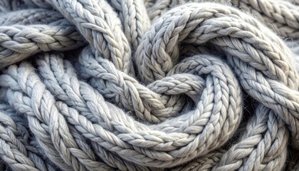 Obraz premium Close up Macro View of Thick Braided Gray Rope Knot Detail Macro Shot Harsh Lighting