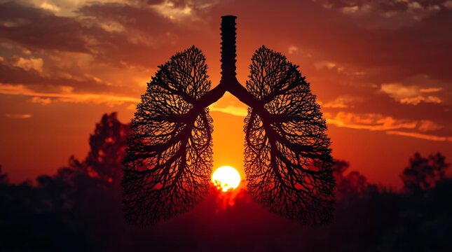 Sunset lungs silhouette of trees glowing with sun, symbolizing clean air and environmental health.