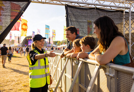 Festival security staff member directing a family at a barrier gate during an outdoor music event, crowd management and visitor assistance at a summer festival
