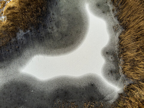 Aerial view of winter's icy grip on Kromslootpark, where frosted edges meet the stark white canvas of frozen water, Almere, Flevoland, Netherlands.