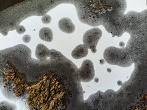 Aerial view of a frozen landscape where the stark white ice meets the dark, textured earth and golden reeds, Kromslootpark, Almere, Flevoland, Netherlands.