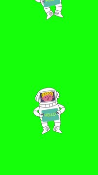 cartoon illustration of an astronaut on a green background. The astronaut is holding a sign that says "HELLO".
