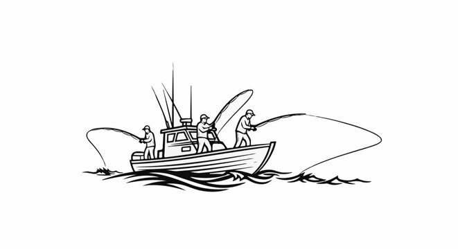 Three anglers on a fishing boat with rods bent by large catches in wavy ocean