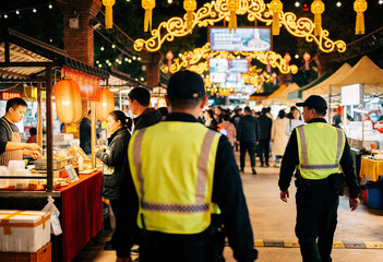 Obraz premium Security officers patrolling a vibrant Chinese night market with glowing lanterns and food stalls, crowd safety and festive street culture