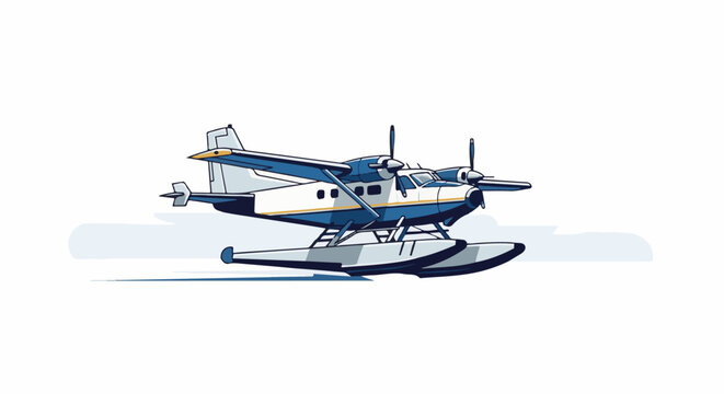 Twin-engine seaplane with blue and white livery on floats