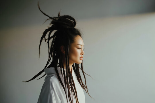 A profile view of a woman flaunting her unique dreadlock hairstyle, set against a minimalist backdrop that highlights the beauty and intricacy of her hair.