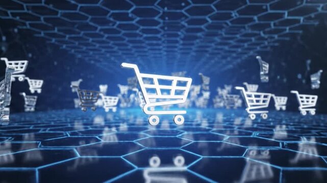 E-commerce shopping carts in digital space.