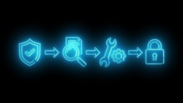 Neon-lit cybersecurity flowchart with threat detected center on black background
