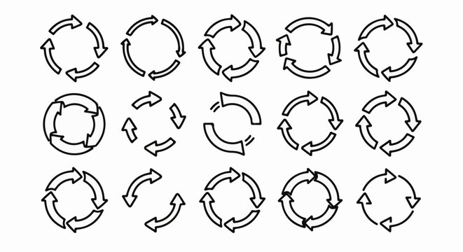 Collection of circular arrow diagrams and individual arrows on a white background