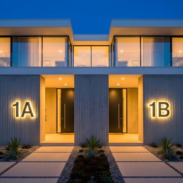 Modern two-story building with illuminated house numbers 1A and 1B on the facade at dusk.