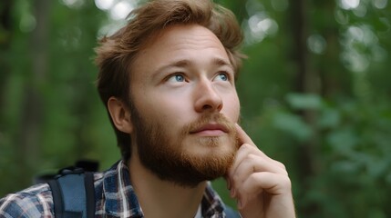 Fototapeta premium A thoughtful man pausing in a natural forest environment looking up and contemplating his thoughts or next journey