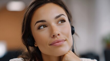 Naklejka premium A thoughtful young professional listening attentively with an earpiece in a modern corporate office environment